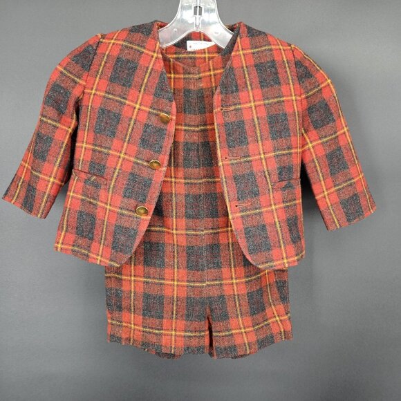 Vintage 2pc Jacket Romper Toddler Boys 2T/3T Red Plaid Gold Buttons Holiday - Picture 2 of 16